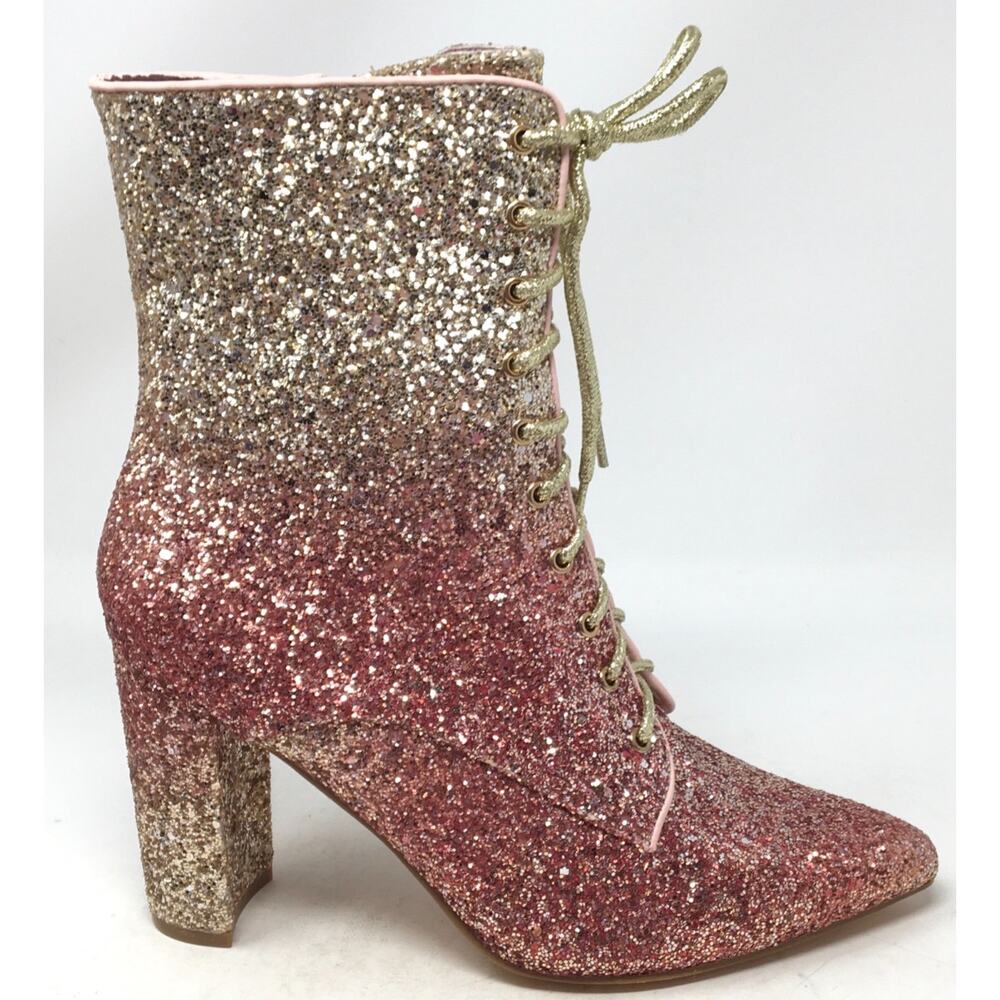 Glitter Ombre Lace Up High Heel Boots Gold Pink Block Heel Party Shoes Size 9 - Picture 5 of 7